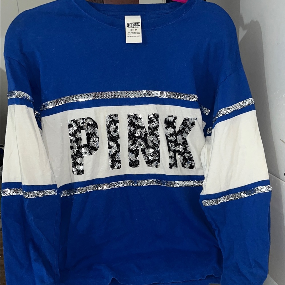 PINK Victoria's Secret Blue and White Long Sleeve Tee